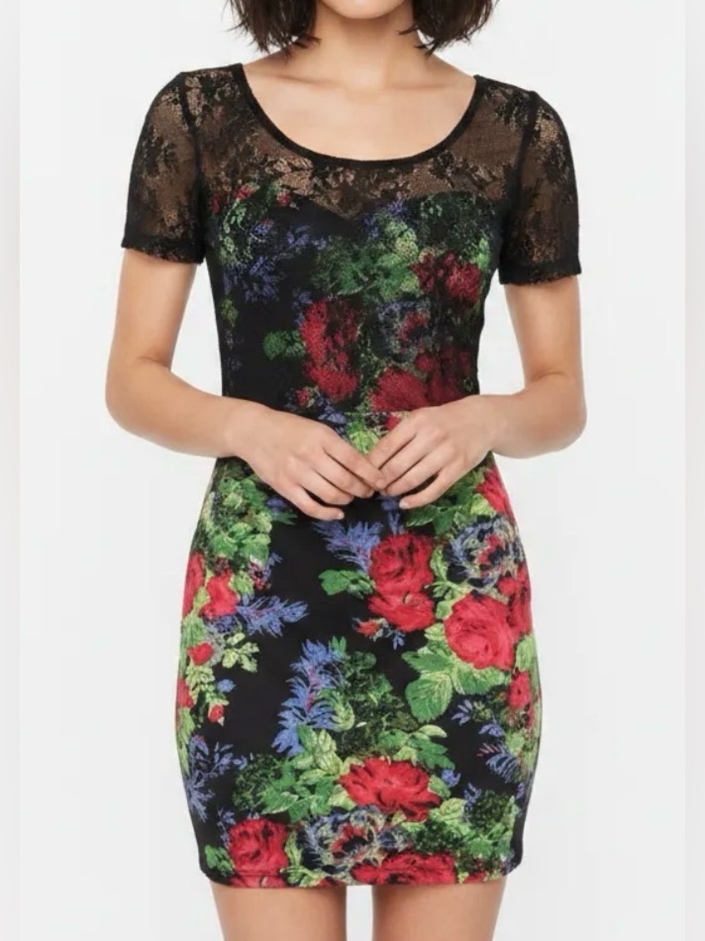 Intimately Free People Lace & Floral Scoop Neck Bodycon Mini Dress  SP